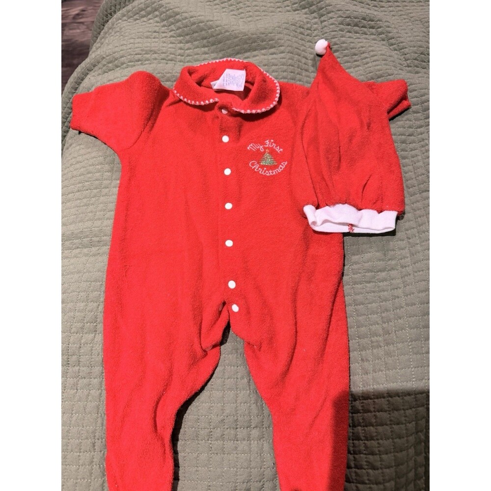 Vintage Alexis Red Newborn Baby’s First Christmas Terry Cloth With Santa Hat